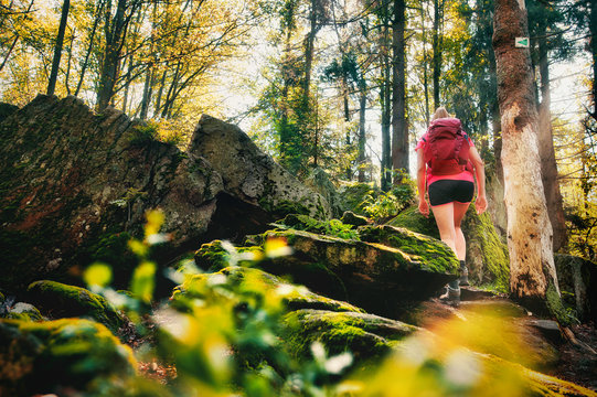 Junge Frau beim wandern mit Rucksack im bayerischen Wald