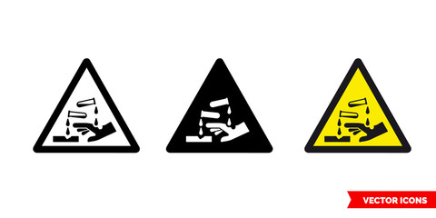 Corrosive symbol warning icon of 3 types color, black and white, outline. Isolated vector sign symbol.