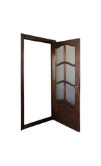Modern style wooden door with decorative glasses and handle isolated on white background