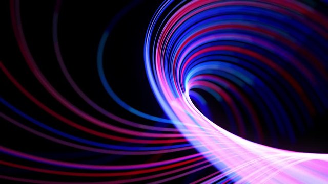 Light flow bg in 4k. Abstract looped background with light trails, stream of red blue neon lines in space move to form looped spiral shapes. Modern trendy motion design background. Light effect,