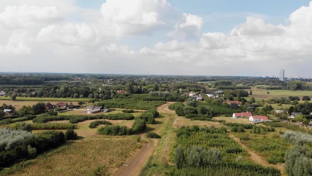 Aerial high angle of De Pinte aerea, agricultural village near Ghent, Belgium. Drone point of view.