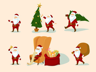Funny Santa Clause set: with bag of gifts, sitting in chair with list, decorating Christmas tree, caring fir, jingle bell. Cartoon Characters. New Year collection. Vector illustration.