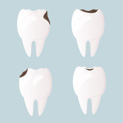 Damaged teeth by caries in different places. Protection of teeth and enamel. Daily oral hygiene. Urgent medical dentistry is needed for the restoration and treatment of the tooth. Flat design