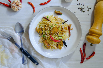 Spaghetti with  pork sausage and spice, Thai fusion food cooking, Sai-Aua sausage disk, Northern...