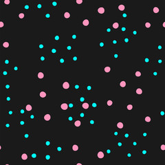 Seamless pattern with scattered small round spots. Vector illustration. Black, pink, turquoise.