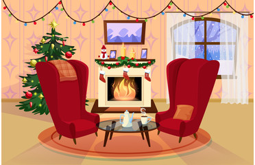 Cozy interior vector illustration with Christmas thee, festive decorations, window, and fireplace.Big dark red chairs and glass table. Winter holidays concept.