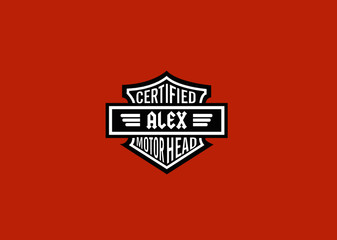Alex Name Art Motor Head Theme Design Black and White Emblem with Orange Background uniquely personalized Illustration 