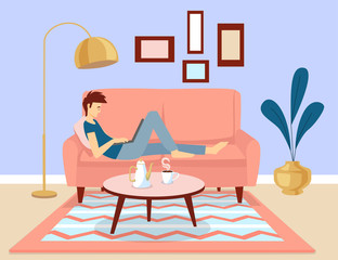 Young man lying on the sofa with a laptop. Working at home, freelance, and quarantine concept. Stylish interior in bright blue and coral colors. Cartoon vector illustration.