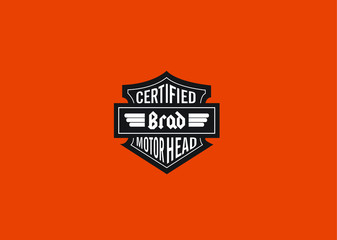 Brad Name Art Motor Head Theme Design Black and White Emblem with Orange Background uniquely personalized Illustration 
