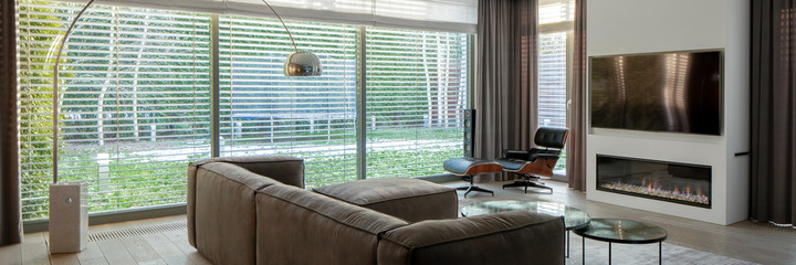 Window wall in luxury living room, panorama