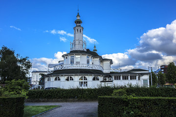 View of the Lake Pavilion (Sopavillonen) - historic building on the embankment that separates Peblinge Lake and Sankt Jorgens Lake, it completed in 1895. Copenhagen, Denmark.