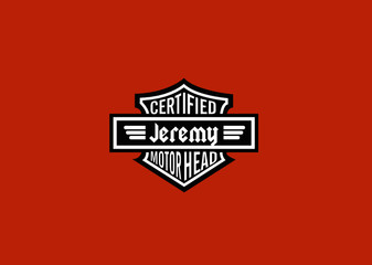 Jeremy Name Art Motor Head Theme Design Black and White Emblem with Orange Background uniquely personalized Illustration 