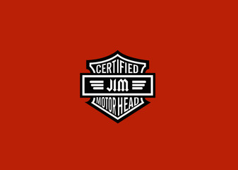 Jim Name Art Motor Head Theme Design Black and White Emblem with Orange Background uniquely personalized Illustration 