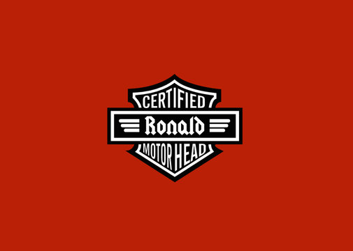 Ronald Name Art Motor Head Theme Design Black and White Emblem with Orange Background uniquely personalized Illustration 
