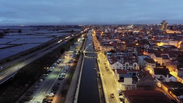 Canal in Aveiro, historical village. The Venice of Portugal. Aerial Drone Footage
