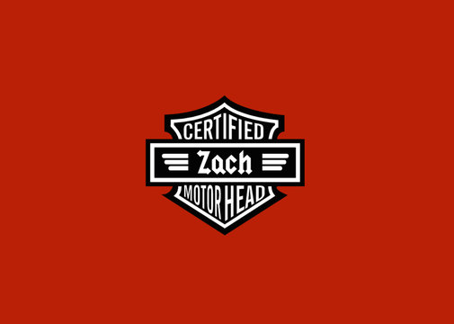 Zach Name Art Motor Head Theme Design Black and White Emblem with Orange Background uniquely personalized Illustration 