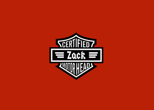 Zack Name Art Motor Head Theme Design Black and White Emblem with Orange Background uniquely personalized Illustration 