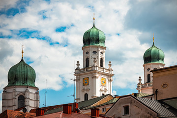 Fototapeta na wymiar Towers of the catholic, gothic Saint Stephen's Cathedral in Passau, Germany