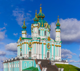 St. Andrew church in the city center. Andriyivskyy Descent in Kiev, Ukraine. Pano