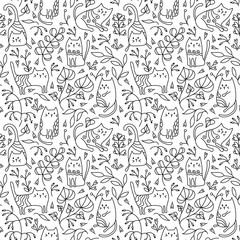 Fototapeta na wymiar Adorable kittens and twigs with leaves seamless pattern. Hand drawn background for fabric, paper and other surfaces.