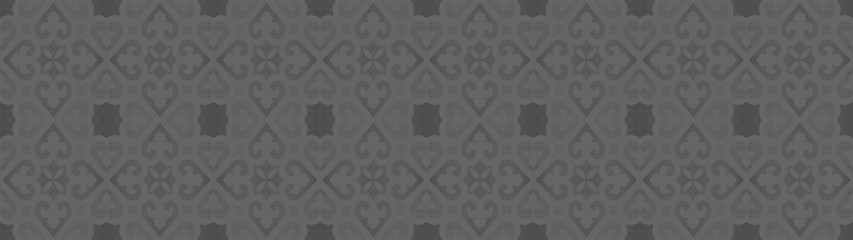 Anthracite gray grey vintage retro geometric mosaic heart leaves flower print motif cement tiles fabric textile paper texture background banner panorama
