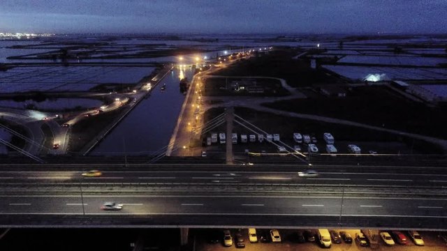 Highway in Aveiro, historical village of Portugal. Aerial Drone Footage