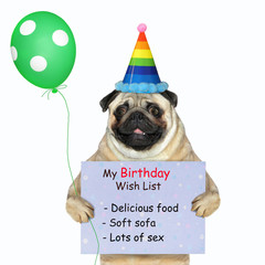 The pug dog in a party hat with a green balloon is holding a birthday wish list. White background. Isolated.