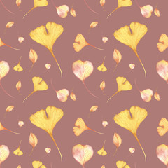 Seamless floral hand drawn patter. Watercolour painted Ginkgo biloba autumn leaves.