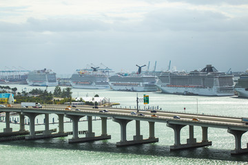 views of downtown Miami and port of miami overlooking the bay and marina of biscayne bay from a...