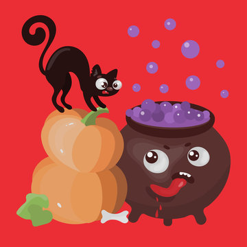HUNGRY CAULDRON Halloween Cartoon Vector Illustration Set