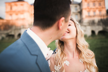 Wedding couple holding hands, groom and bride together on wedding day