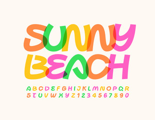 Vector creative sign Sunny Beach. Colorful handwritten Font. Bright artistic Alphabet Letters and Numbers