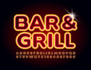 Vector glowing sign Bar & Grill. Hot Neon Font. Electric bright Alphabet Letters and Numbers set