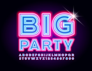 Vector Glow poster Big Party. Font Flyer, Invitation, Event banner. Neon Light Alphabet Letters and Numbers