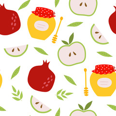 Rosh Hashanah Jewish New Year.Seamless pattern with Apple, pomegranate, and honey. Vector flat illustration on a white background. For wallpaper, textiles, fabric, paper.