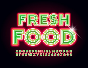 Vector business emblem Fresh Food. Bright Neon Alphabet Letters and Numbers. Electric light Font