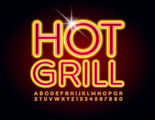 Vector logo Hot Grill for Restaurant, Cafe, Party. Fire Neon Font. Bright glowing Alphabet  Letters and Numbers