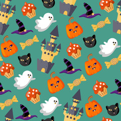 Fototapeta premium Seamless and endless background with Halloween attributes. Cute ghosts, castle, sweet pastries, pumpkins and a black cat's face on a green background. For the celebration of Halloween. Vector