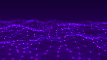 Digital dynamic wave. Abstract futuristic pink background with dots and lines. Big data visualization. 3D rendering.