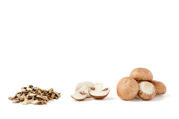 dehydrated dried mushroom slices and fresh mushrooms on a white background. Vegan and vegetarian food.