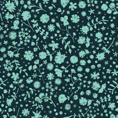 Leaves and ditsy flowers vector repeat pattern. Pattern for fabric, backgrounds, wrapping, textile, wallpaper, apparel. Vector illustration