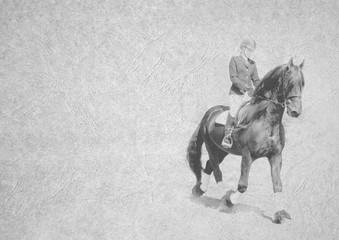 Black and White Image of Muscular Stallion with Female Dressage Rider on Card Banner