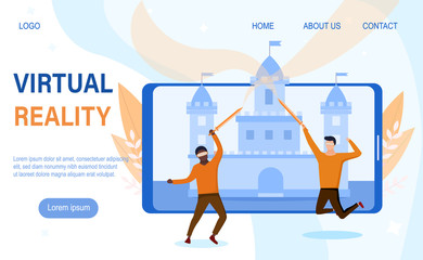 Vector illustration concept of virtual reality glasses. Men playing virtual game wearing VR glasses