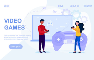 Vector illustration concept of video game. Man and woman playing virtual games on joystick