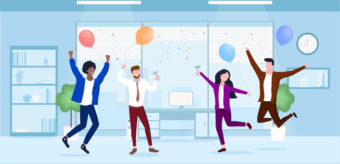 Fototapeta na wymiar Vector illustration of office party. Coworkers celebrating and have fun on corporate in office