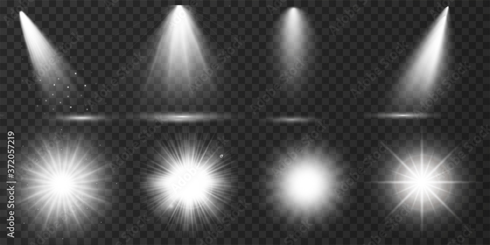 Poster set of transparent lens flares and lighting effects. white spotlights. glowing explosion, bright shi