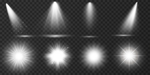 Set of Transparent Lens Flares and Lighting Effects. White spotlights. Glowing explosion, bright shining effect. Light Effects. Realistic falling snowflakes. Vector illustration - obrazy, fototapety, plakaty