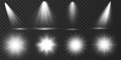 Fotobehang Set of Transparent Lens Flares and Lighting Effects. White spotlights. Glowing explosion, bright shining effect. Light Effects. Realistic falling snowflakes. Vector illustration © ZinetroN
