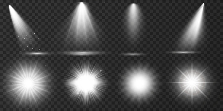 Set of Transparent Lens Flares and Lighting Effects. White spotlights. Glowing explosion, bright shining effect. Light Effects. Realistic falling snowflakes. Vector illustration