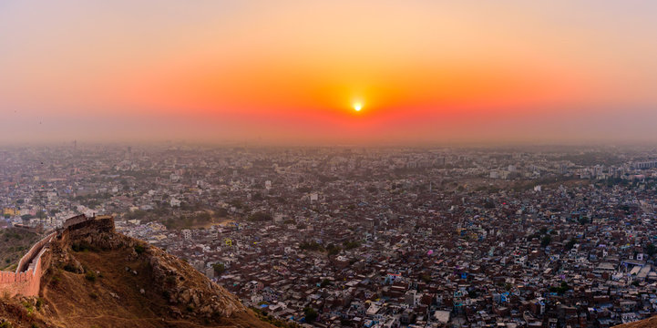 Panoramic aerial view of Jaipur city also known as Pink city during sunset from Nahargarh Fort, Rajasthan, India.